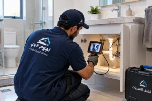 فحص تسربات المياه بجوار الحمام وتوصيلات الصرف